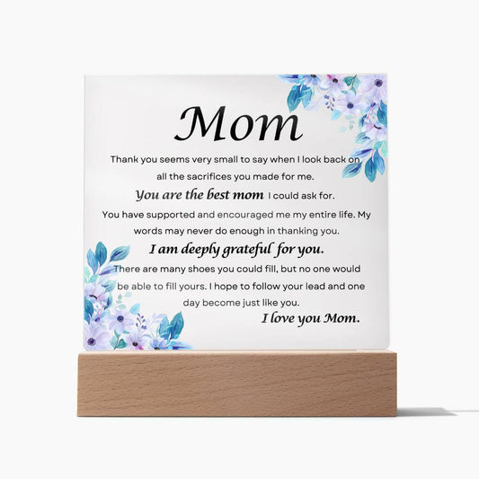 To My Mom Thank You Square Acrylic LED Plaque Gifts for Her for Mom Just Because