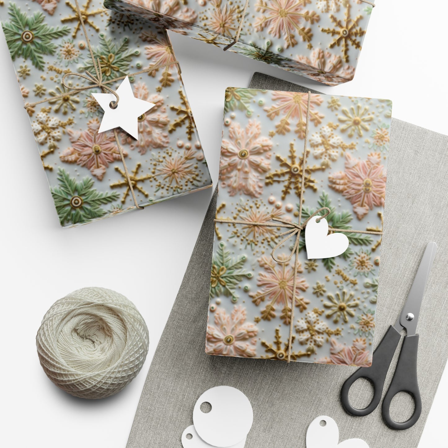 Elegant Embroidered Pastel Snowflakes Gift Wrap Unique Christmas Wrapping Paper Vintage Christmas Snowflakes Faux Embroidery