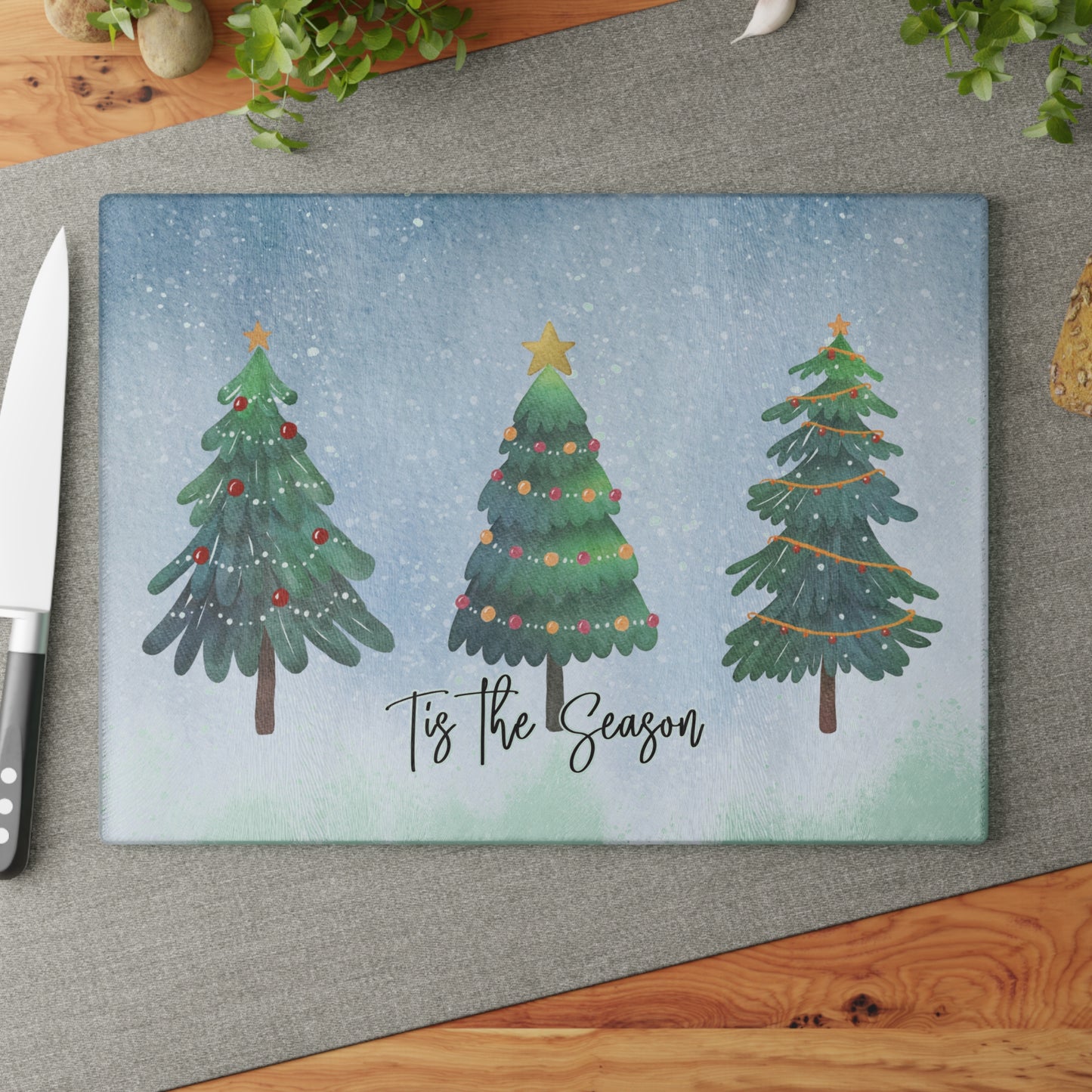Tis The Season Christmas Tree Glass Cutting Board for the Holiday Gifts Ideas Seasonal Treasure Country Home Farm
