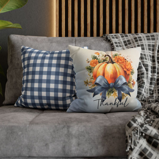 Beautiful Watercolor Floral Autumn Pumpkin With Blue Bow Thankful Square Pillowcase