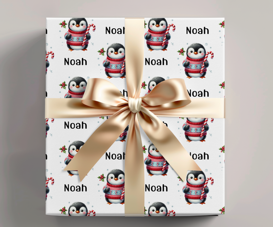 Personalized Cute Christmas Penguin Holiday Gift Wrap Paper