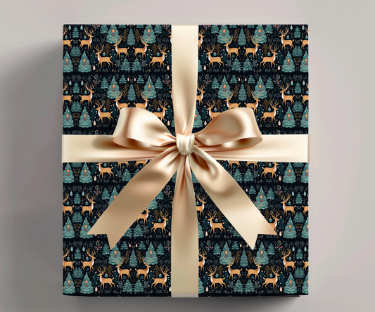 Beautiful Woodland Deer and Tree Scene Holiday Gift Wrap Paper