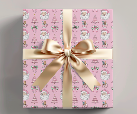 Pink Coquette Santa Bow and Christmas Tree Holiday Gift Wrap Paper