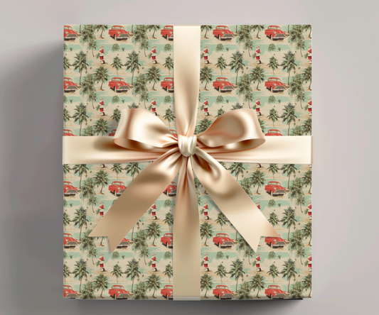 Retro Santa Car and Palm Trees Holiday Gift Wrap Paper